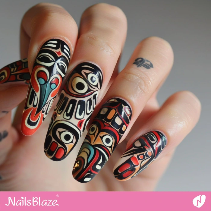 X-Long Haida Gwaii Totem-inspired Nails | Tribal Nails - NB4590